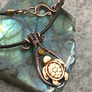 Turtle Necklace, Turtle Jewelry, Turtle, Copper Turtle Jewelry, Wire Wrapped Turtle Necklace with Tiger Eye, Honu, Brown, Cream