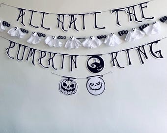 Skeleton Ghosts Halloween Banner | Nightmare Wall Decor | Black and White Party Garland | Tim Burton Halloween