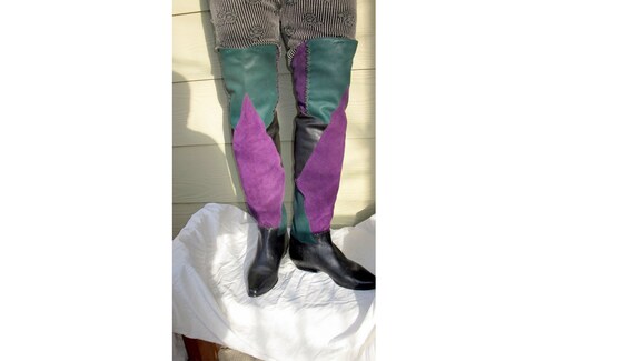 80s thigh high boots, leather patchwork knee boots