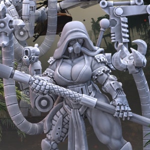 May include: A grey 3D printed miniature of a female cyborg engineer with mechanical arms and legs. The figure is wearing a hooded cloak and a gas mask. The figure is holding a large weapon with a blade and a mechanical claw. The figure is standing on a base with the text "Pinup Cyborg Engineer" printed on it.