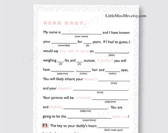 Dear Baby Printable Baby Shower Mad-lib game - A Letter to Baby - four colors included! (pink, blue, yellow, gray)