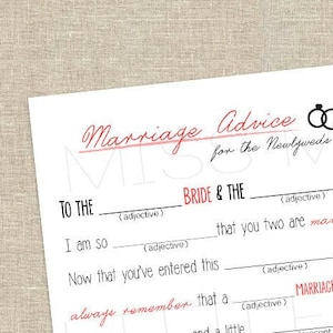 Druckbare Mad-lib Hochzeitsratgeberkarten in rot