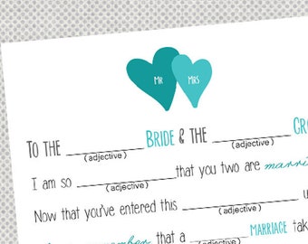 Printable Mad-lib Wedding Advice cards in turquoise, pink or gold brown