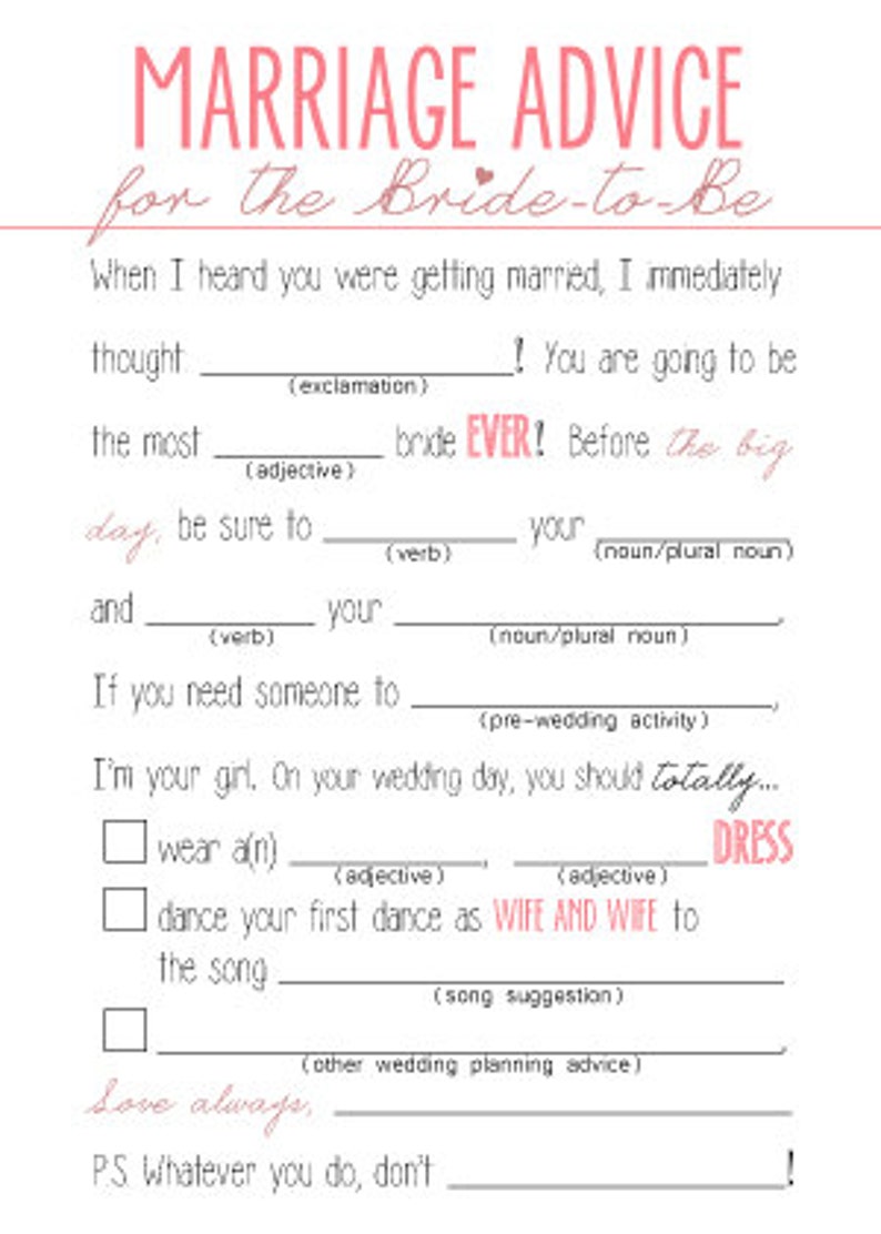 Same-sex Printable Mad-lib Bridal Shower Gamepink - Etsy