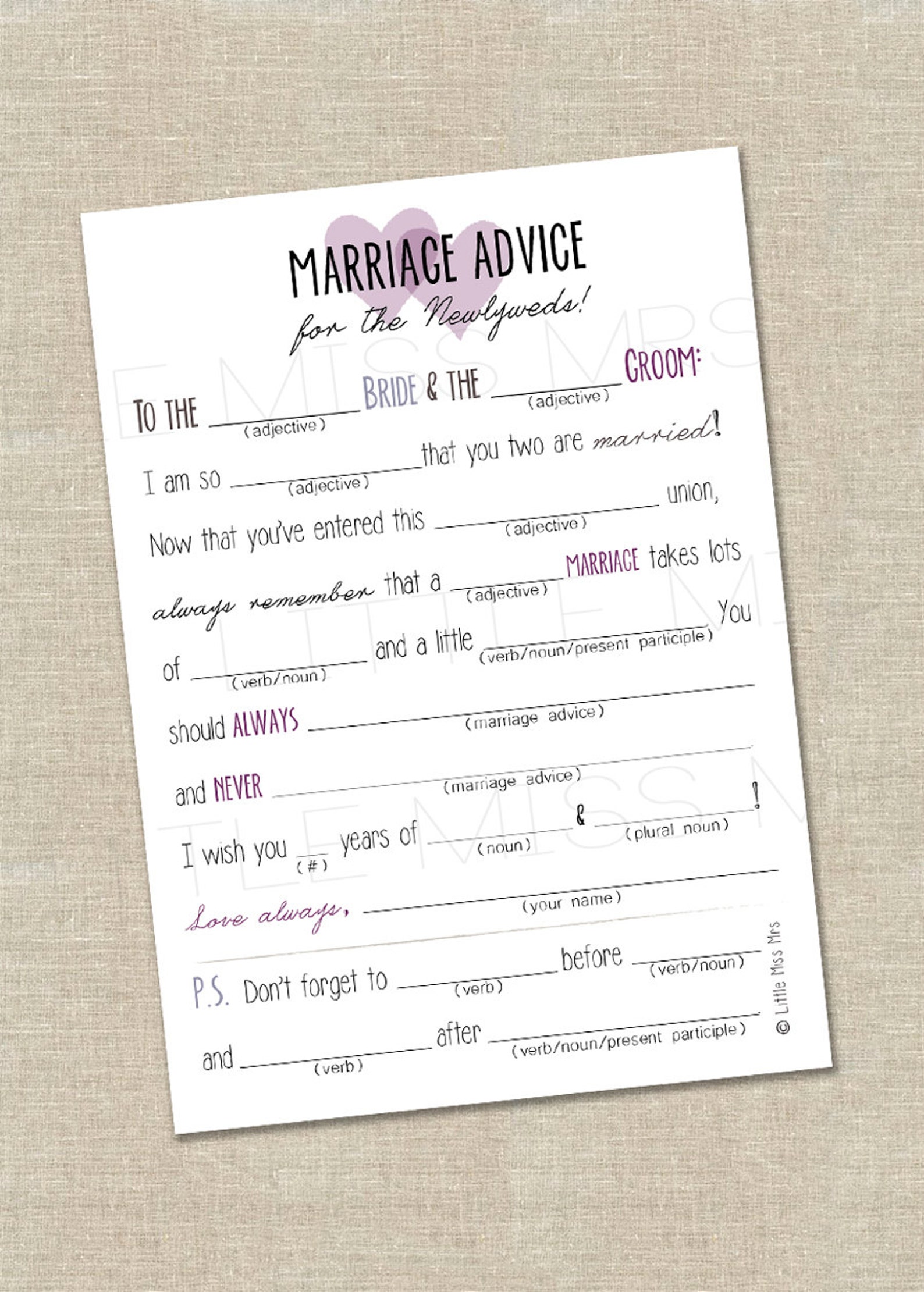 Printable Mad-lib Bridal Shower Games // PURPLE - Etsy