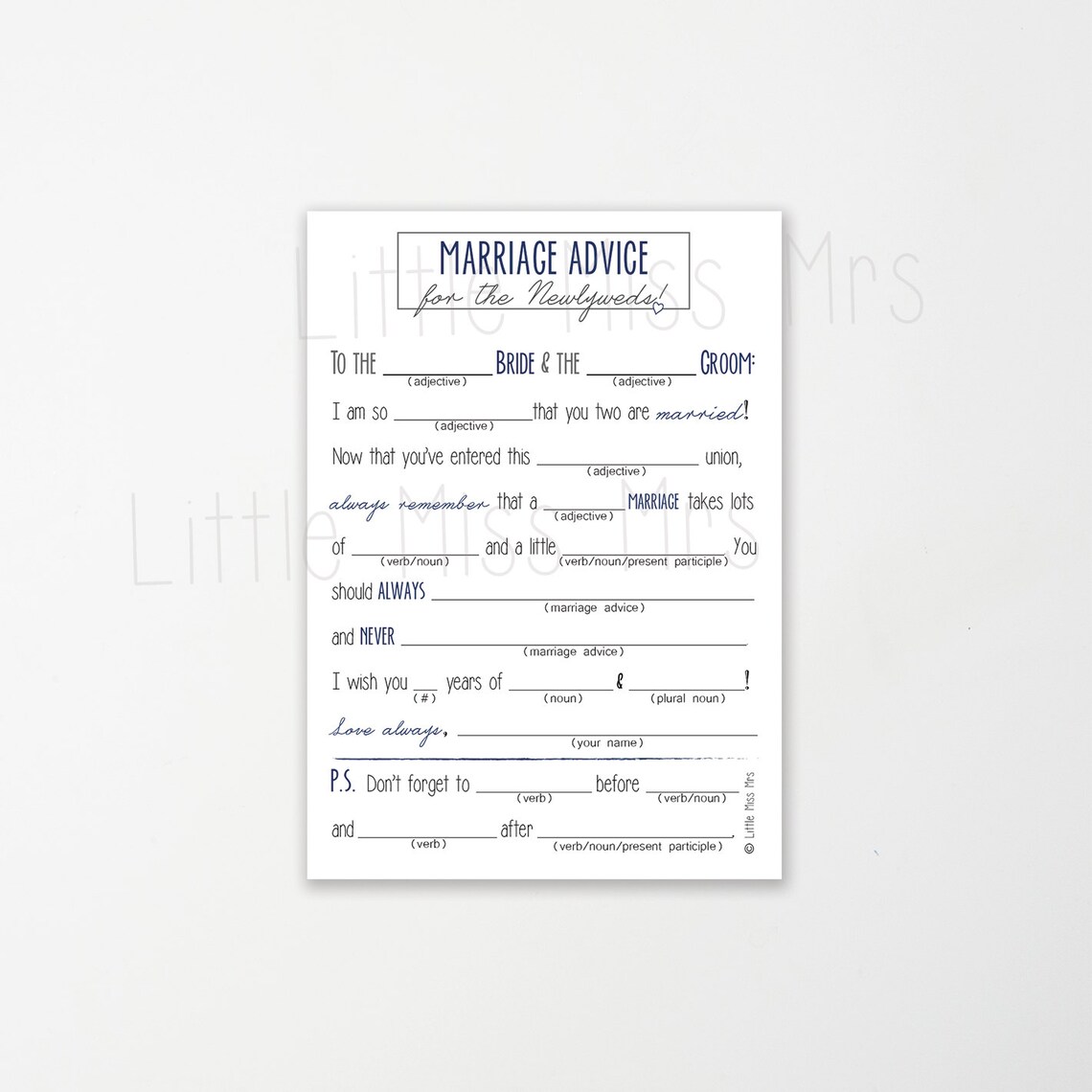Printable Mad-lib Wedding Advice Cards // Navy, Pink/coral, or Golden Brown - Etsy