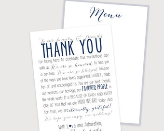 Wedding Reception templates--- Thank You Note + Menu  in navy, gray/silver