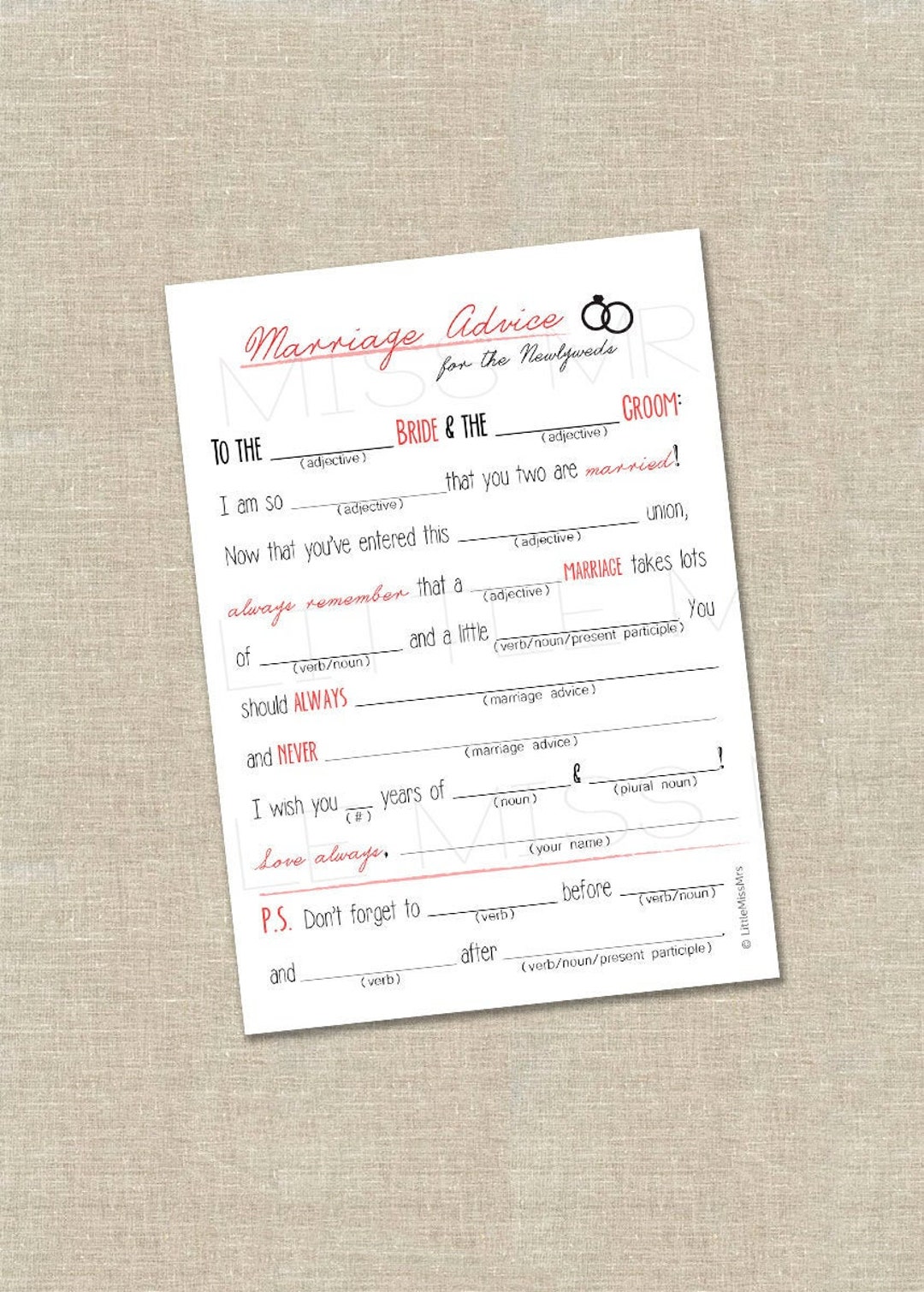 Printable Mad-lib Wedding Advice Cards in Red - Etsy
