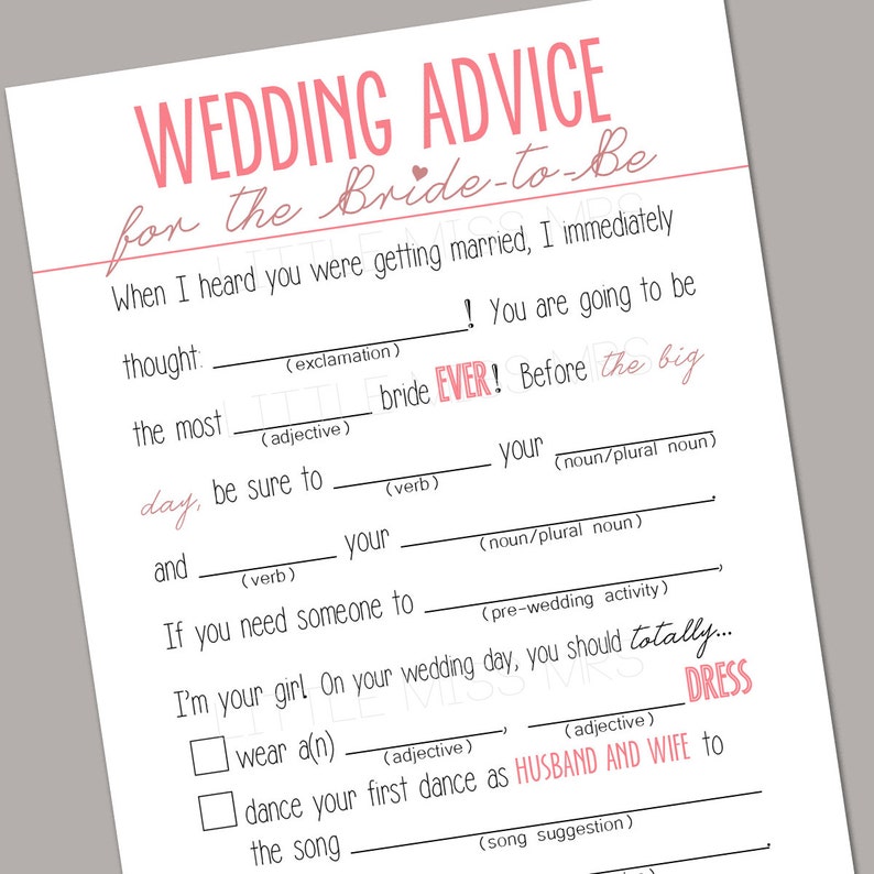 Printable "wedding Advice" Mad-lib Bridal Shower Game (pink) - Etsy