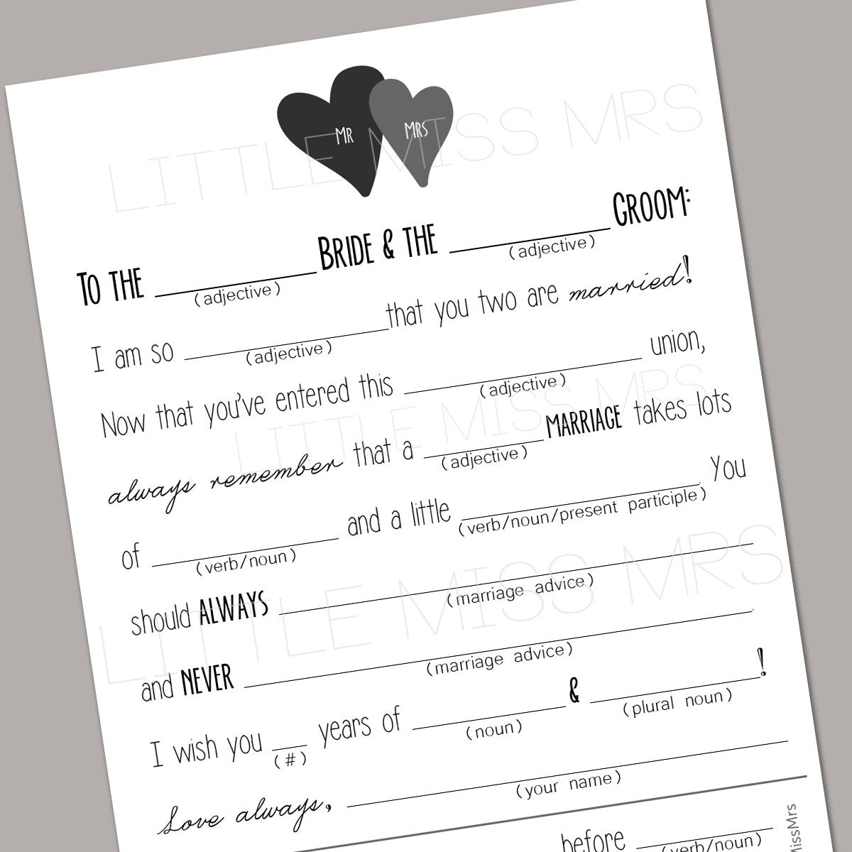 Printable Mad-lib Wedding Advice Cards in Black and White // 5x7" - Etsy