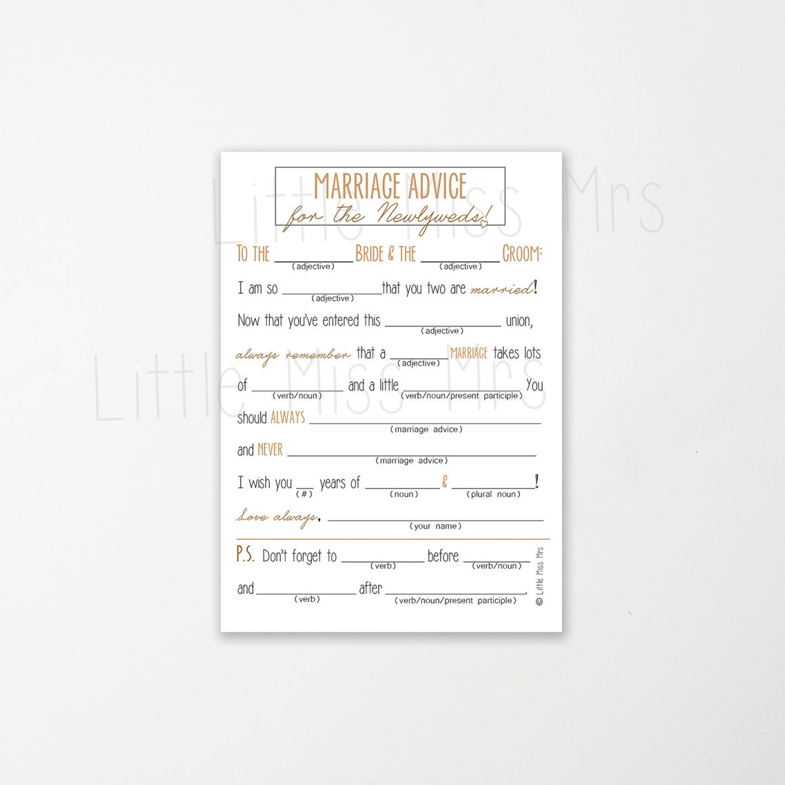Printable Mad-lib Wedding Advice Cards // Navy, Pink/coral, or Golden ...
