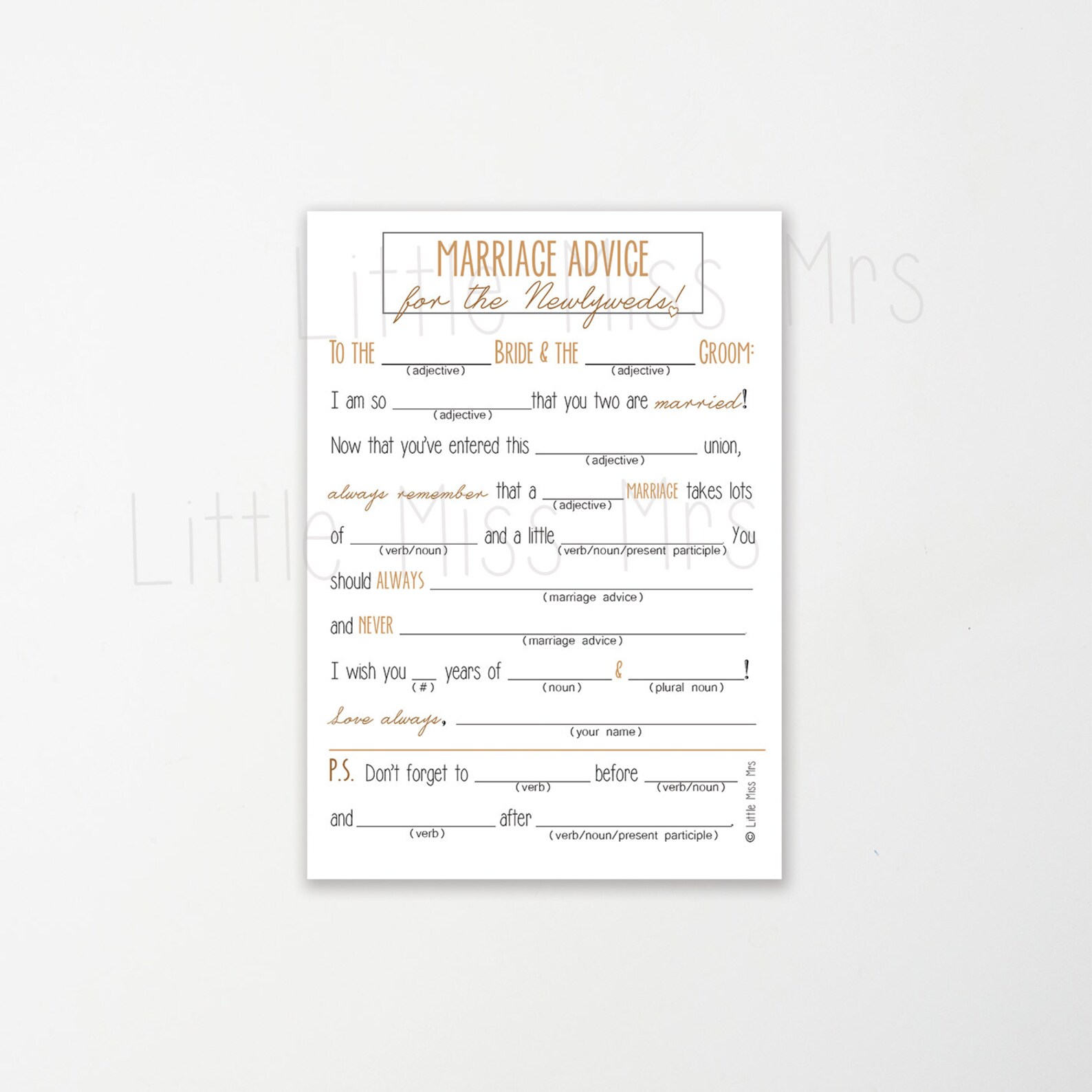 Printable Mad-lib Wedding Advice Cards // Navy, Pink/coral, or Golden ...