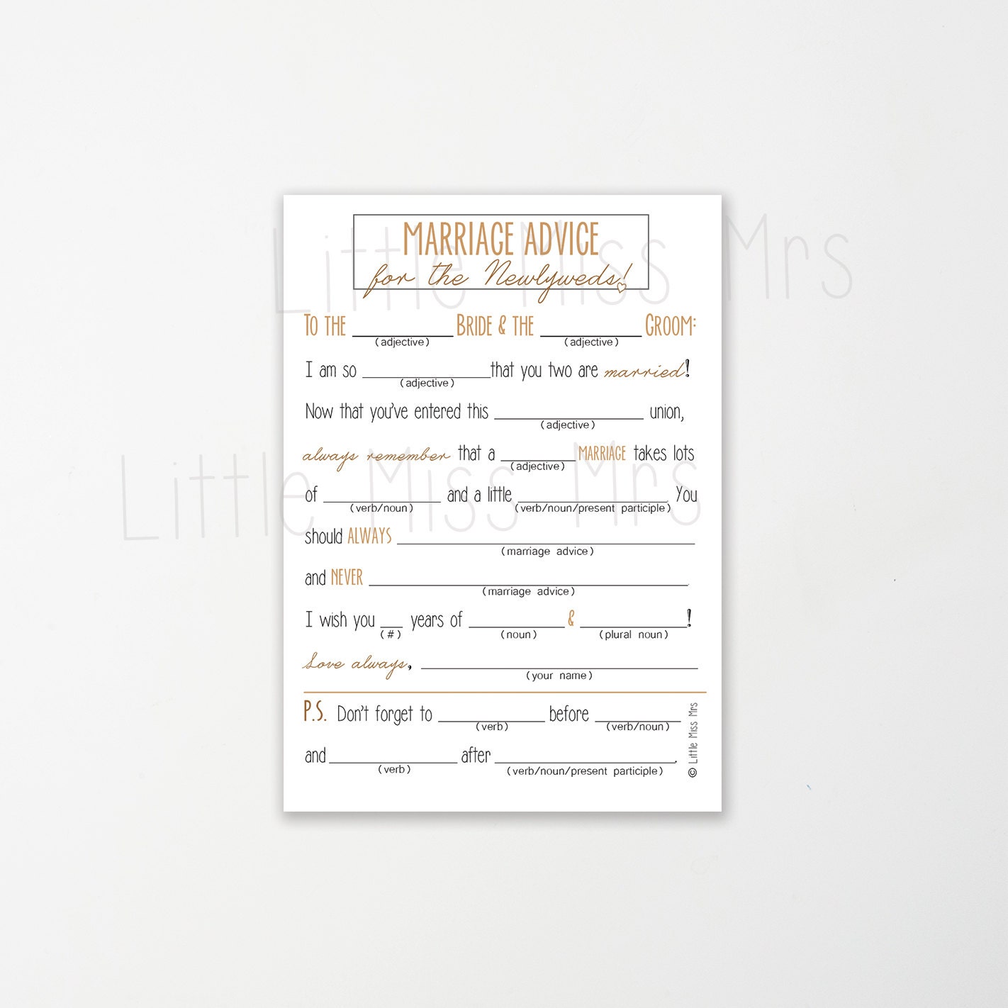 Printable Mad-lib Wedding Advice Cards // Navy, Pink/coral, or Golden Brown - Etsy