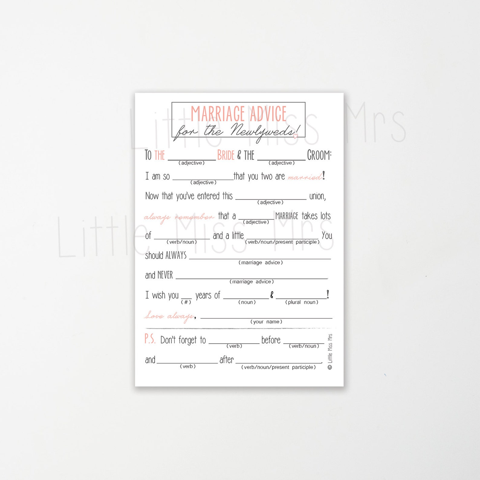 Printable Mad-lib Wedding Advice Cards // Navy, Pink/coral, or Golden Brown - Etsy