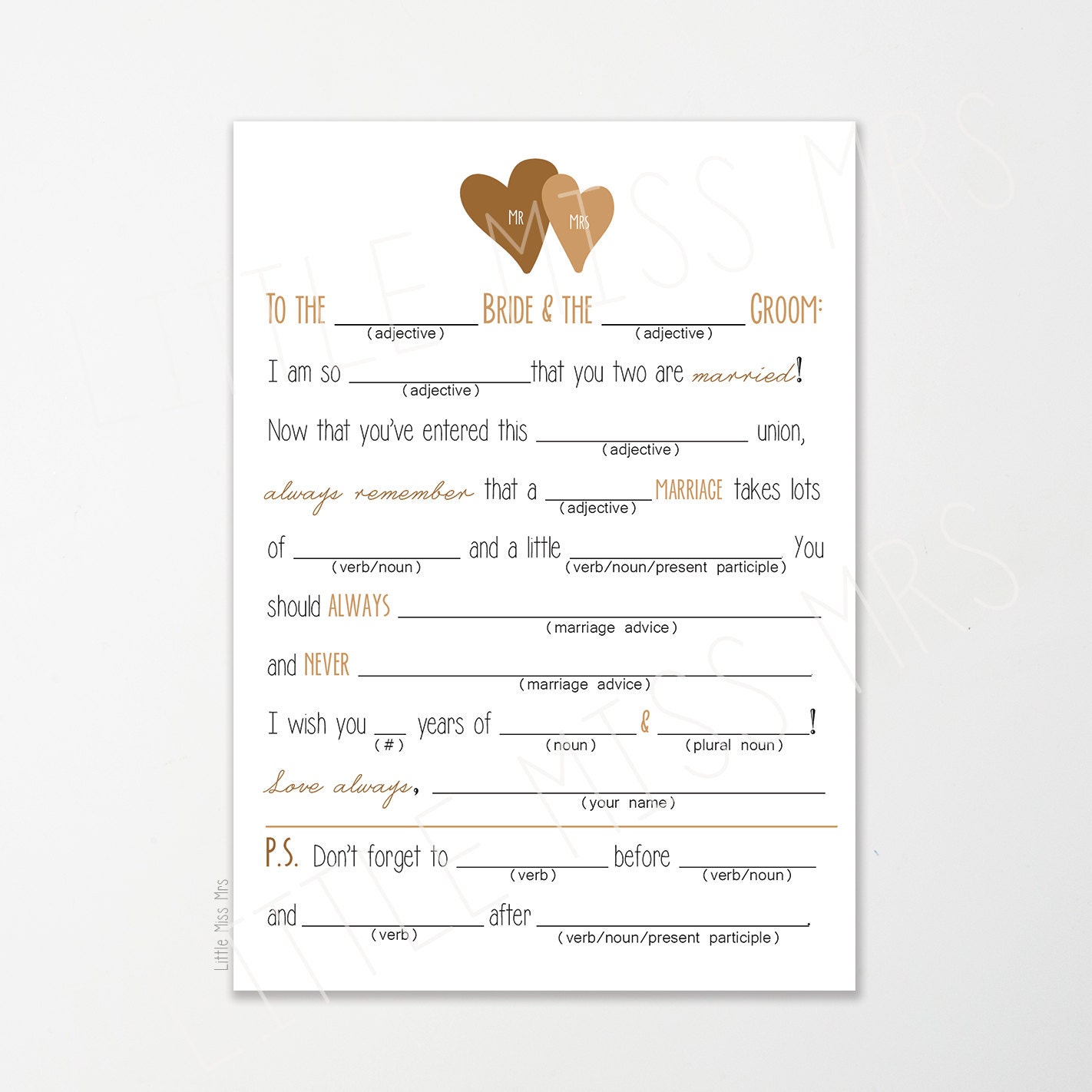 Printable Mad-lib Wedding Advice Cards in Turquoise, Pink or Gold Brown - Etsy