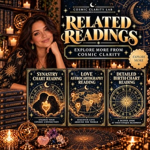 Könnte beinhalten: Eine Werbegrafik mit dem Titel RELATED READINGS, die drei rechteckige Karten zeigt. Die Karten sind mit SYNASTRY CHART READING, LOVE ASTROCARTOGRAPHY READING und DETAILED BIRTH CHART READING beschriftet und mit goldenen Himmelsillustrationen verziert.