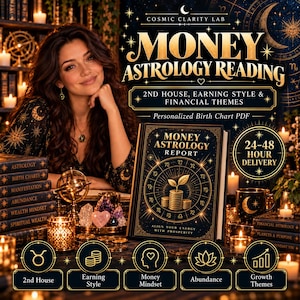 May include: A digital Money Astrology Reading report featuring a dark blue cover with gold celestial motifs, a stack of coins, and a sprout. Text includes Cosmic Clarity Lab, Money Astrology Reading, 2nd House, Earning Style, and Financial Themes.