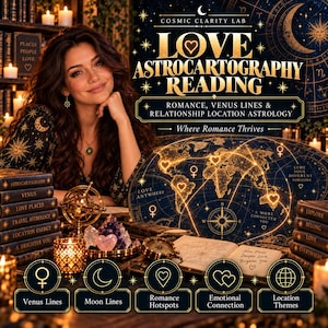 Puede incluir: Un gráfico digital para una lectura de astrocartografía amorosa con un mapa mundial, líneas doradas brillantes, corazones e iconos de Venus. El texto incluye Cosmic Clarity Lab, Love Astrocartography Reading, Romance, Venus Lines & Relationship Location Astrology, Where Romance Thrives, Love Anywhere, A More Connected You y Same Soul Different Horizons.