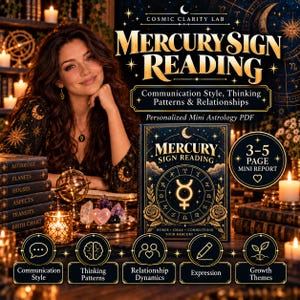 Puede incluir: Un anuncio de producto digital para una lectura del signo de Mercurio con una portada de libro azul oscuro con ilustraciones celestiales doradas, el texto Mercury Sign Reading e iconos de comunicación, pensamiento y crecimiento.