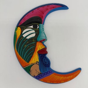 Hand-Painted Mexican Folk Art Crescent Moon Wall Hanging – Vibrant Talavera Style Face – 7” Ceramic Wall Decor