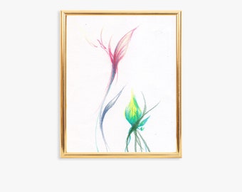 Boceto floral abstracto, rosa y verde / Impresión digital instantánea