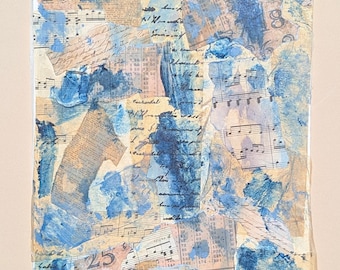 Bluestocking Original Mixed Media Collage | Indigo Blue Sheet Music Vintage Ephemera | Literary Art on Canvas Board