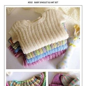 May include: A knitting pattern for a baby singlet and hat set. The pattern is called #032 Baby Singlet & Hat Set. The pattern is from Touch Yarns, The Beautiful Yarn Co. est 1991.