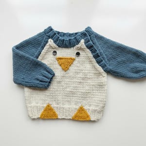 May include: A long-sleeved knit jumper featuring a cream-coloured centre panel with two black button eyes and a mustard yellow triangular beak. The sleeves, collar, and hem are a solid blue, with two mustard yellow triangles at the base.