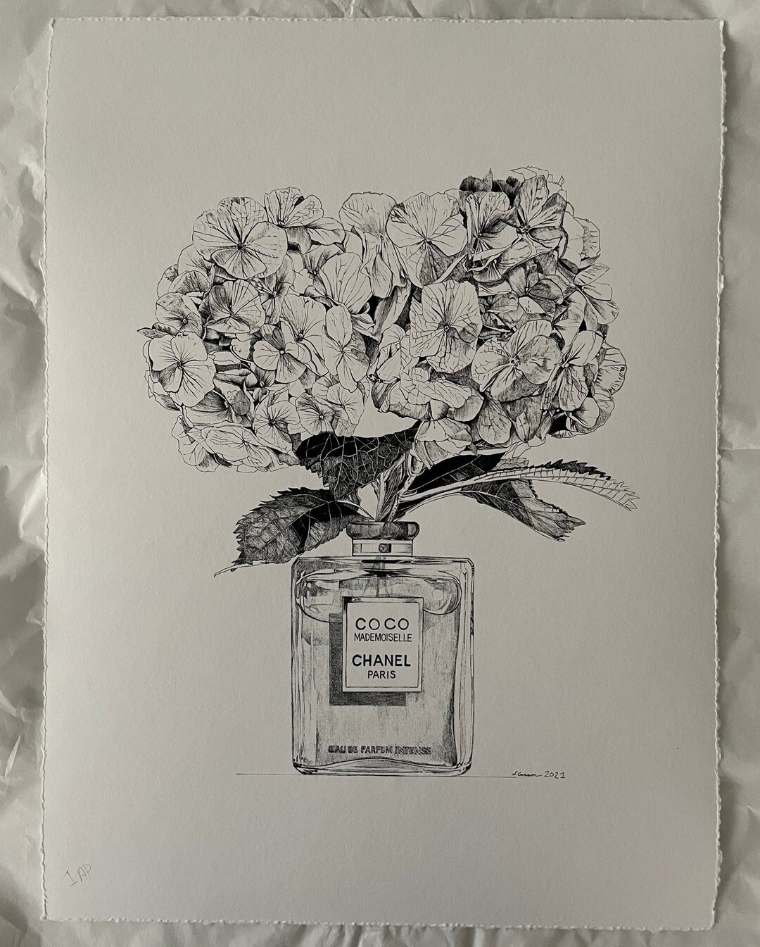 Hydrangeas & Coco Mademoiselle Chanel Ink Drawing Illustration - Etsy