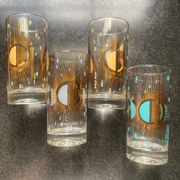 Mint Fred Press Atomic Golden Burst Classic Mid Century Modern Glasses - Retro Classic Mad Men Cocktail Set of 4 - Exquisite Collectors Set