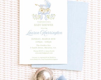 Invitación para baby shower con diseño de cochecito de bebé en acuarela, plantilla de descarga digital para invitación imprimible "Sip and See" para bebé niño.
