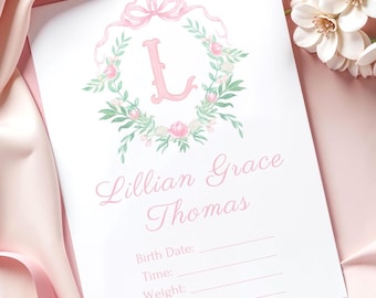 Anuncio de estadísticas de nacimiento del signo de niña recién nacida Peso de la niña recién nacida Fecha de nacimiento Hora Tarjeta de nacimiento Monograma de acuarela Monograma rosa Signo de nacimiento