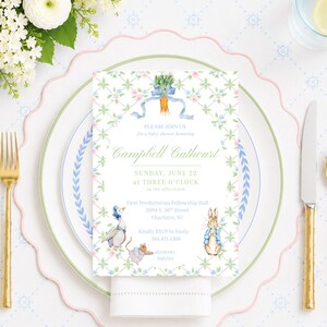May include: A rectangular baby shower invitation card featuring a watercolor illustration of Peter Rabbit, a duck, and a mouse. The card includes text detailing the event for Campbell Cathcart on Sunday, June 22 at three o'clock at First Presbyterian Fellowship Hall.