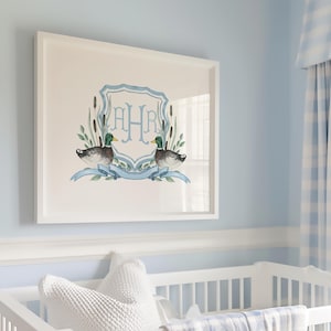 Blue Monogram Art Personalized Wall Decor Boy Room Baby Boy Nursery Above the Crib Art Mallard Duck Crest Watercolor Blue Crest Monogram Art
