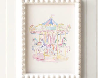 Karussell-Kunst, Mädchenzimmer-Kunst, Pastell-Aquarell-Kunst, Mädchenzimmer-Dekoration, Grandmillennial-Dekoration, Babyzimmer-Kunst im Märchenbuch-Stil, Verspieltes Kinderzimmer