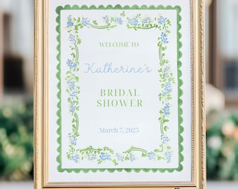 Welcome Sign Green Blue Floral Wedding Shower Sign Chinoiserie Bridal Printable Sign Scallop Sign Blue Green Bridal Shower Theme Botanical
