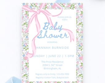 Invito per baby shower per bambina, modello digitale con fiocco rosa e quadretti, download. Invito per baby shower per bambina, sorseggia e guarda.
