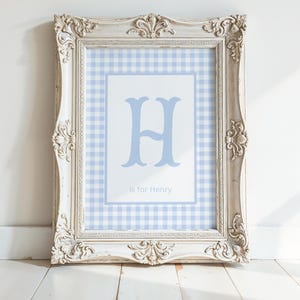 Personalized Boy&#39;s Name Art Blue Gingham Monogram Art Printable Personalized Name Sign Girl Wall Decor Boy Bedroom Baby Boy Nursery Art
