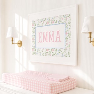 Floral Monogram Name Art Print Digital Download Dainty Flowers Pink Blue Green Initial Sign Girl Bedroom Name Sign