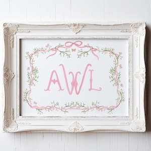 Mädchen-Monogramm-Aquarell-Entwurfs-Buchstabe-Benutzerdefiniertes Monogramm-Wohnkultur Aquarell Name Kunst-Blumenrahmen-Grenzmädchen-Kinderzimmer-Kunst