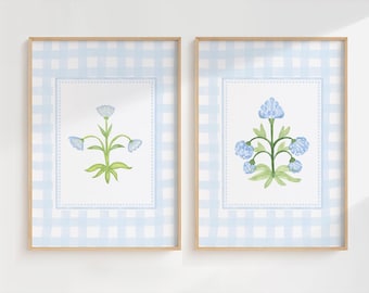 Watercolor Flower Set, Grandmillennial Art Set, Blue Green Decor, Coastal Home Decor, Preppy Painting Set, Printable Art, Girl Bedroom Art