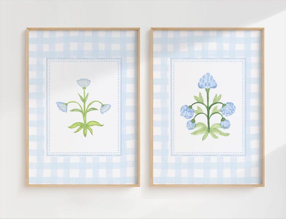 Watercolor Flower Set, Grandmillennial Art Set, Blue Green Decor, Coastal Home Decor, Preppy Painting Set, Printable Art, Girl Bedroom Art