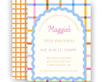 Modern Invitation Fun Colorful Birthday Invitation Pink Orange Blue Wavy Lines Girl Birthday Editable Canva Design Printable Invitation
