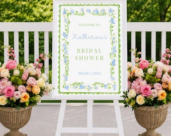 Willkommensschild Grün Blau Blumen Hochzeit Dusche Zeichen Chinoiserie Braut druckbare Zeichen Jakobsmuschel Zeichen Blau Grün Brautdusche Thema botanisches