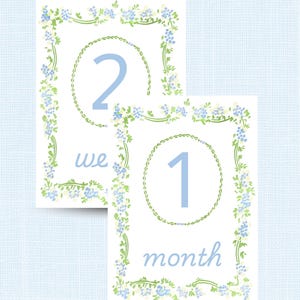 Meilensteinkarten Digital Download Blau und Grün Aquarell Blumenrand Gender Neutral Baby Monat Karten Baby Meilenstein Zeichen