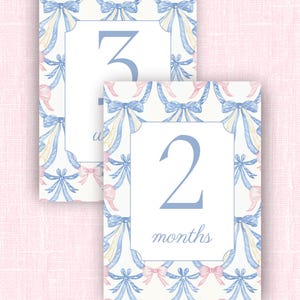 Cartes jalons numériques pour bébé fille avec nœud rose et bleu pour le mois design