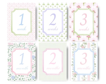 Floral Milestone Cards Baby Girl Month Card Grandmillennial Pattern Newborn Baby Girl Month Cards Printable Milestone Sign Baby Photo Prop