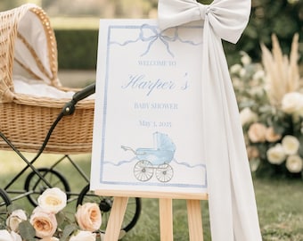 Baby Shower Sign Welcome Sign Boy Baby Shower Baby Sprinkle Printable Sign Blue Watercolor Baby Carriage Stroller Grandmillennial Classy