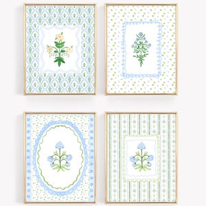 Botanische Kunstdrucke 4er Set Mädchen Zimmer Wand Dekor Wohnheim Zimmer Wandkunst Digitaler Download Kunstwerk Blumen Kunstdruck Grandmillennial Stil Kunst