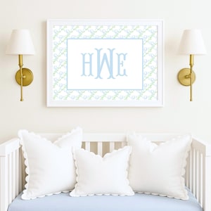 Blue Green Monogram Art Print Personalized Name Art Watercolor Monogram Baby Boy Nursery Wall Decor Light Blue Name Print Watercolor Design